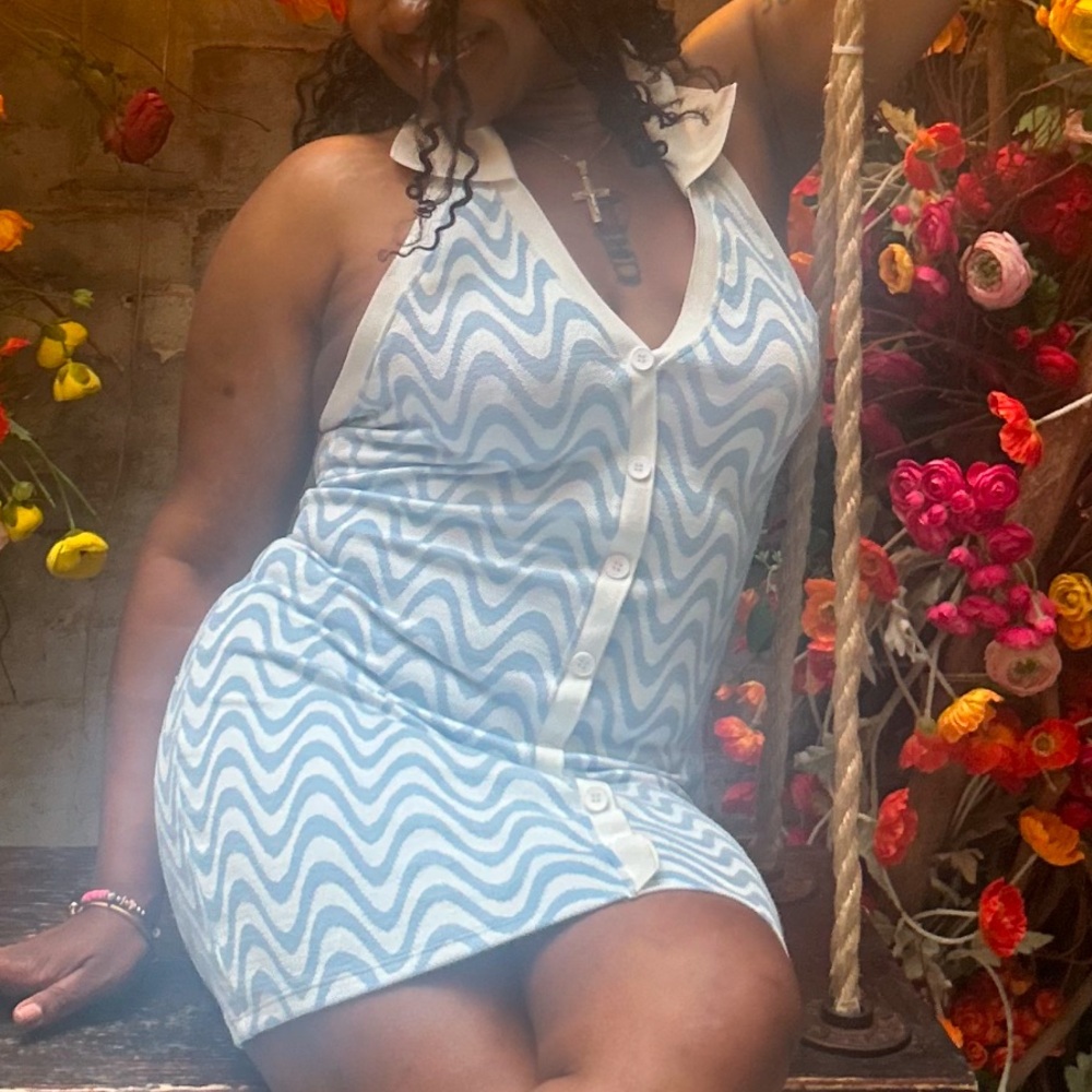 Blue and White Zigzag Button-Down Dress